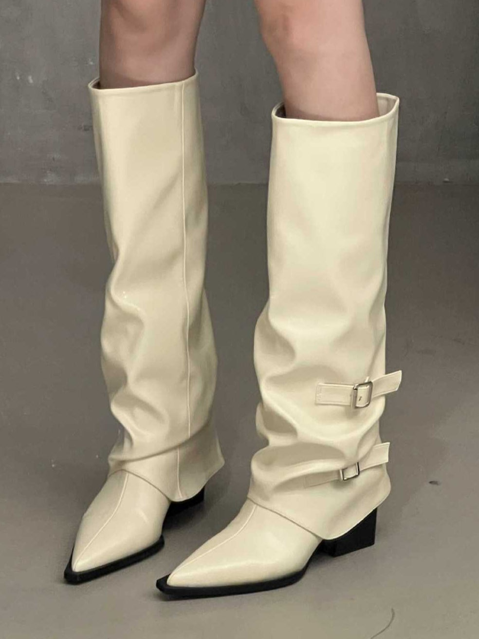 Women's Tall Buckle Boots, Pointed Toe Chunky Heel