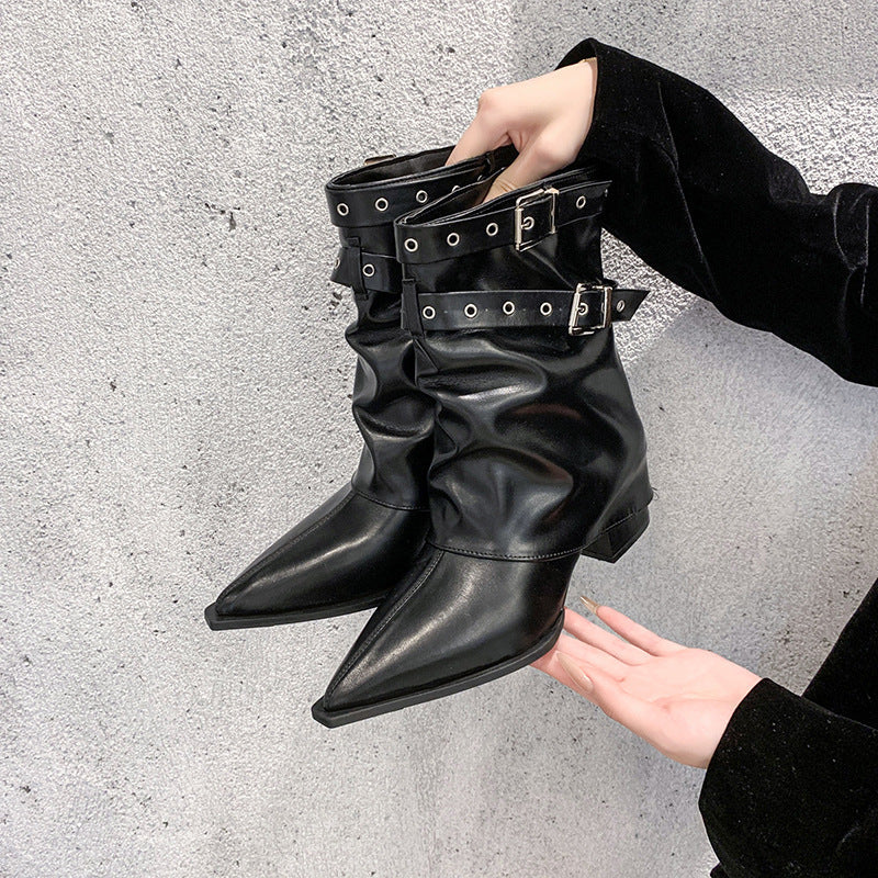 Women's Pointed Toe Combat Boots, Buckle Block Heel