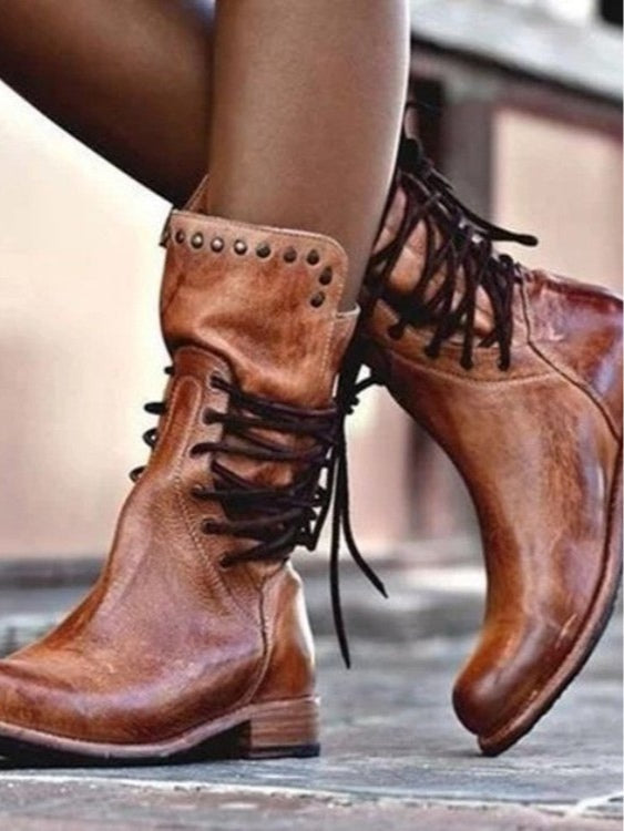 Women's Lace-Up Moto Boots, Rivet Detail Mid-Calf
