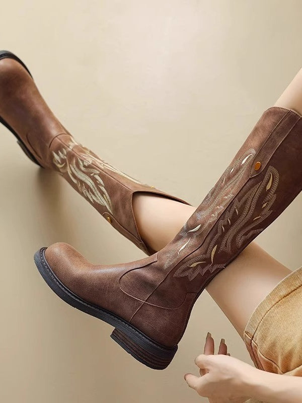 Women's Embroidered Tall Boots, Back Zipper Low Heel