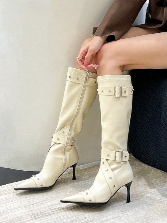 Women's Studded Riding Boots, Pointed Toe Stiletto