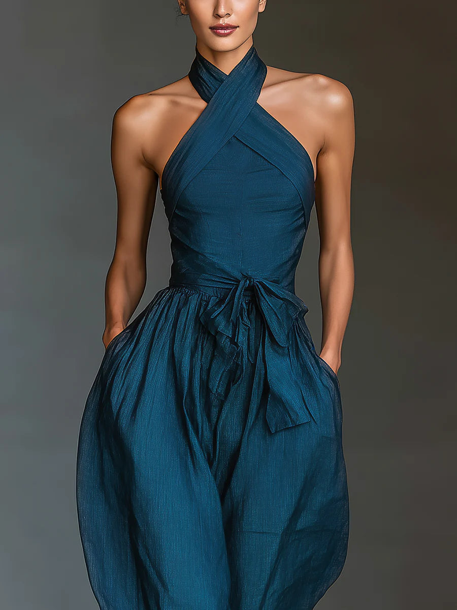 Women's Cross Halter Wide Leg Jumpsuit with Pockets, Navy