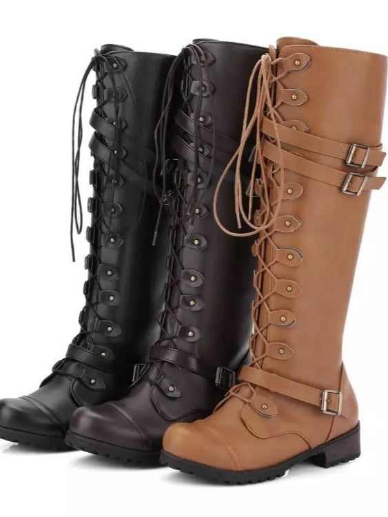 Women's Lace-Up Biker Boots, Buckle and Rivet Detail