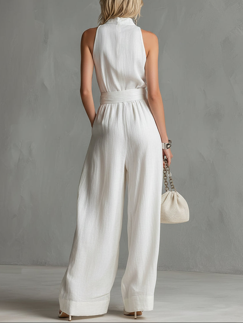 Women's Belted Wide Leg Jumpsuit, Sleeveless Zip Front