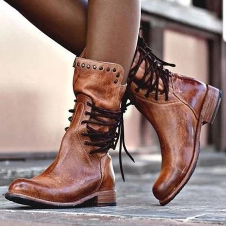 Women's Lace-Up Moto Boots, Rivet Detail Mid-Calf