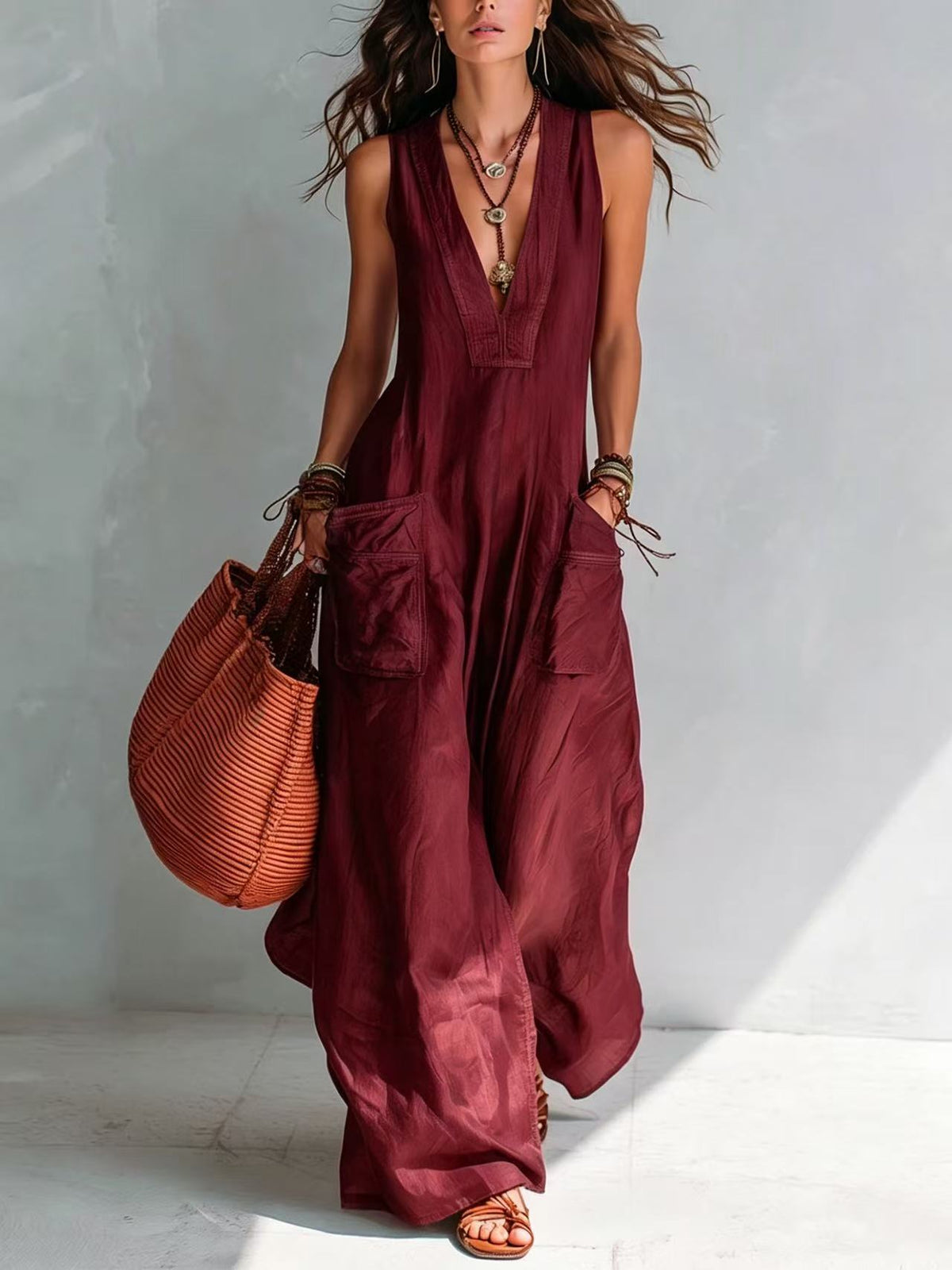 Women's V-Neck Wide Leg Jumpsuit, Loose Fit with Pockets