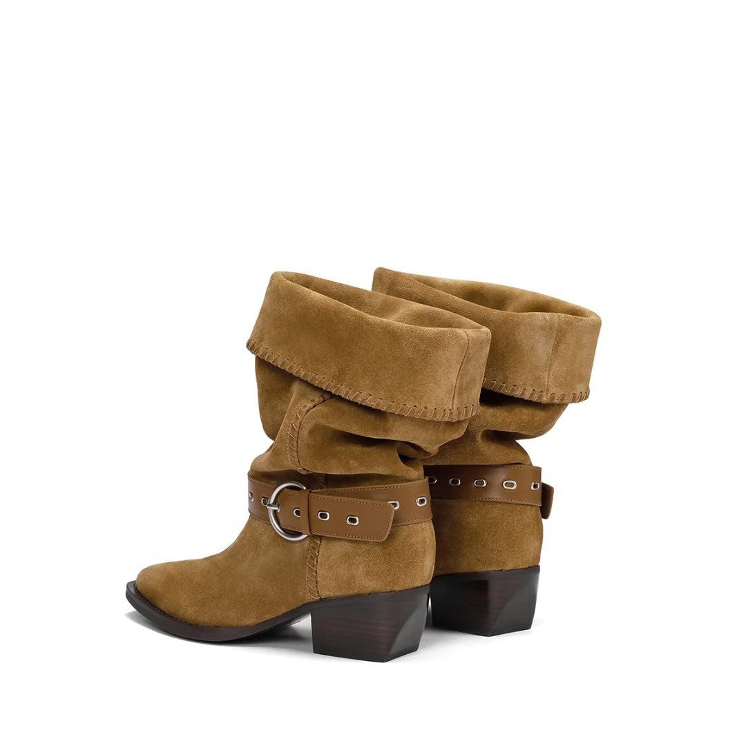Women's Suede Riding Boots, Pointed Toe Chunky Heel