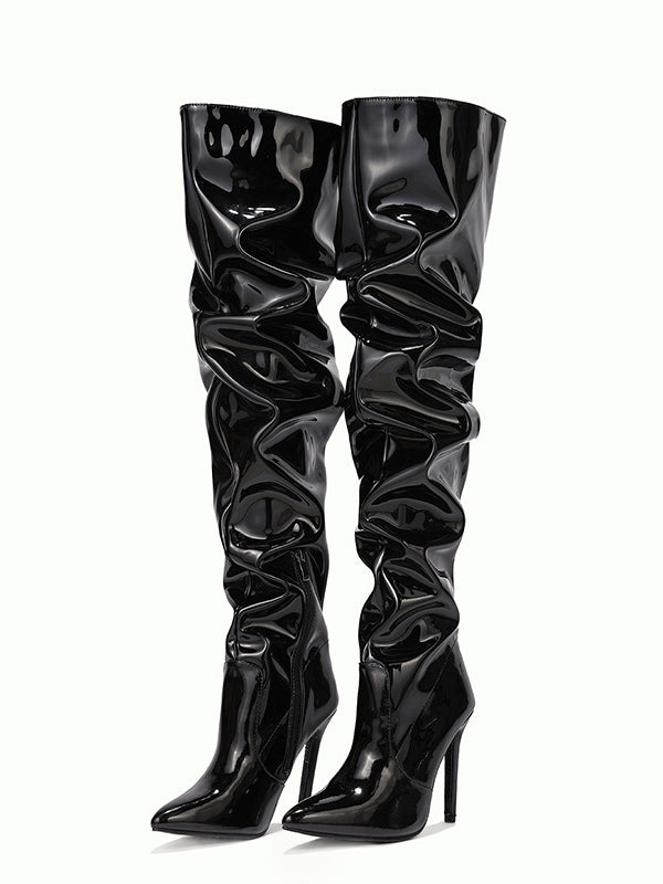 Women's Over-the-Knee Boots, Pleated Faux Leather High Heel
