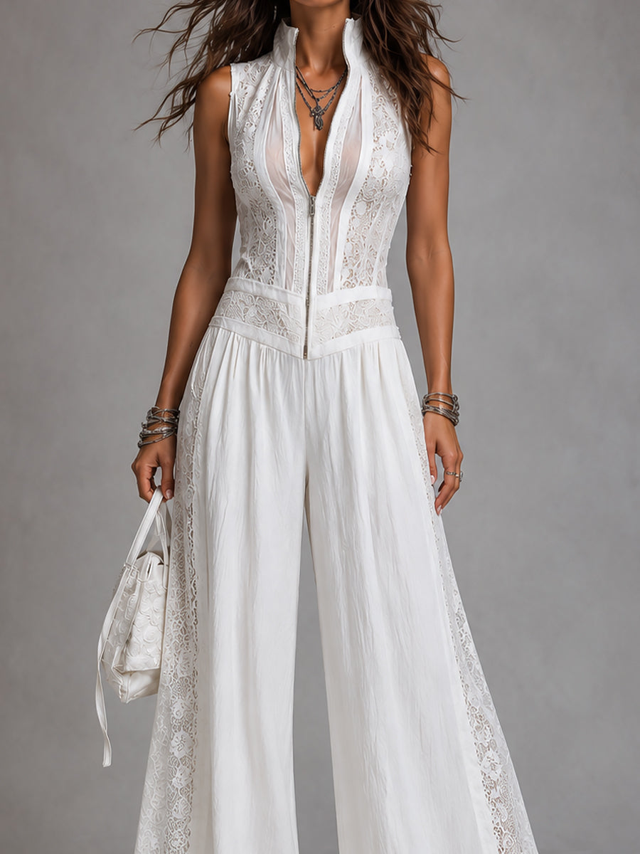 Women's Lace Trim Wide Leg Jumpsuit, Stand Collar