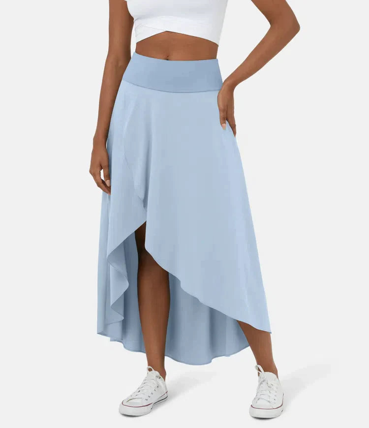 Women's Midi Skirt, Asymmetric High-Low Hem Wide Waistband