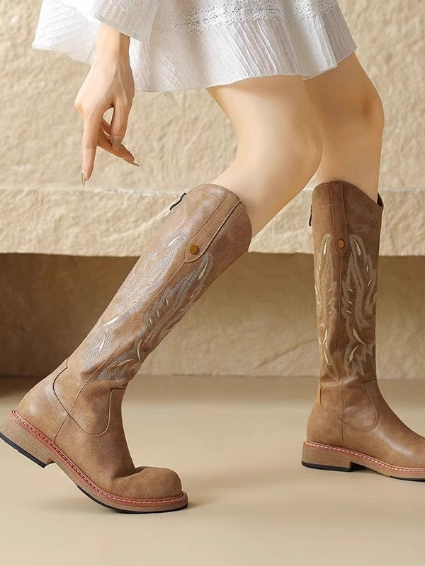 Women's Embroidered Tall Boots, Back Zipper Low Heel
