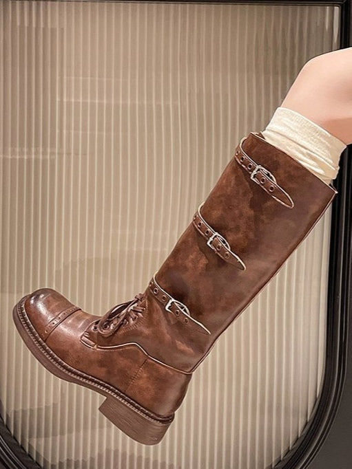 Women's Distressed Combat Boots, Square Toe Lace-Up