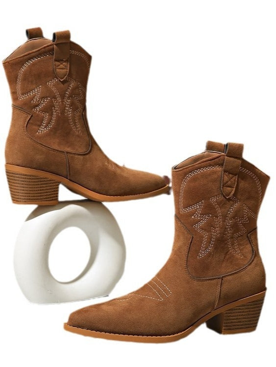 Women's Embroidered Riding Boots, Round Toe Block Heel
