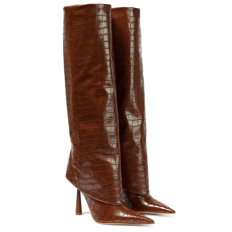 Women's Stone Print Tall Boots, Pointed Toe Stiletto