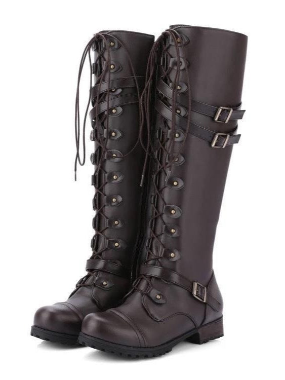 Women's Lace-Up Biker Boots, Buckle and Rivet Detail