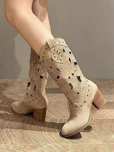 Women's Suede Western Boots, Embroidered Openwork Block Heel
