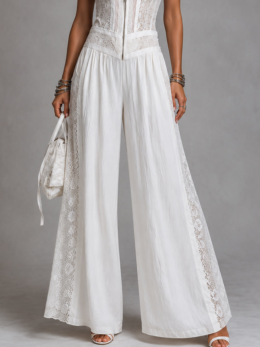 Women's Lace Trim Wide Leg Jumpsuit, Stand Collar