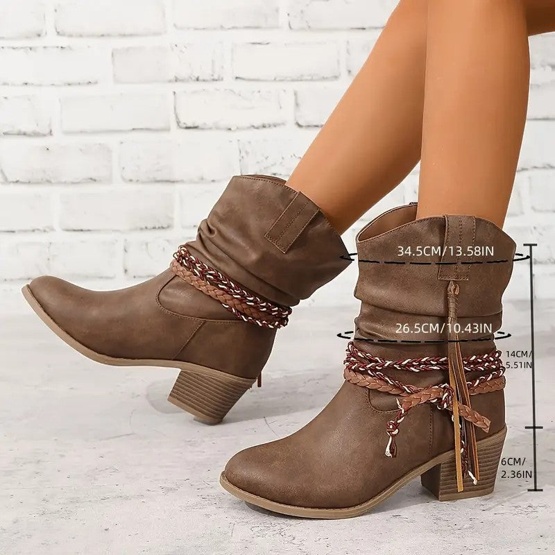 Women's Western Ankle Boots, Tassel and Braided Buckle
