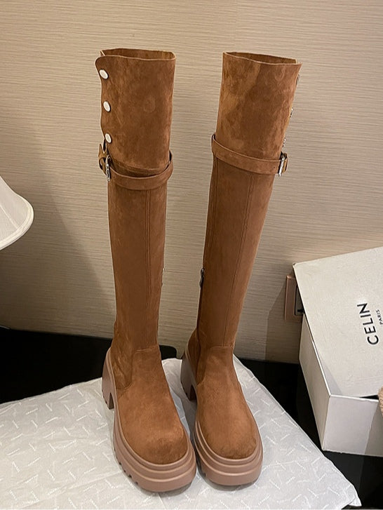 Women's Tall Suede Boots, Round Toe Block Heel