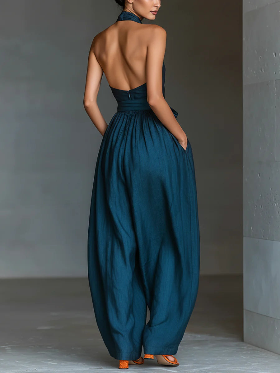 Women's Cross Halter Wide Leg Jumpsuit with Pockets, Navy