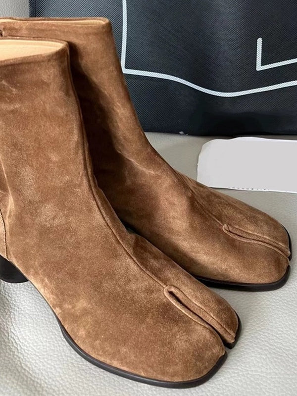 Women's Leather Combat Boots, Cuffed Mid-Calf Chunky Heel
