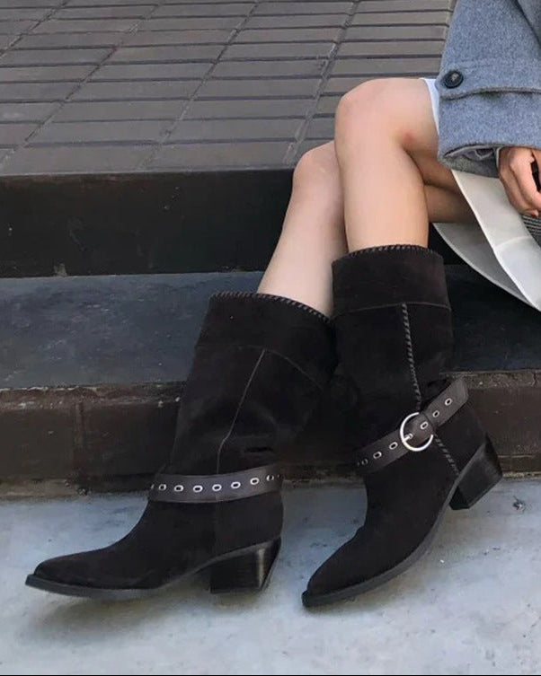 Women's Suede Riding Boots, Pointed Toe Chunky Heel