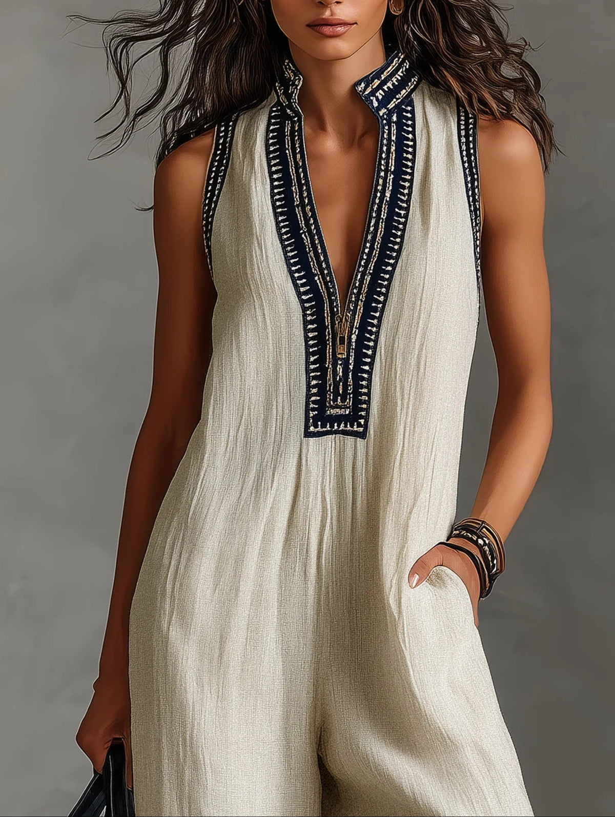 Women's Sleeveless Zip Jumpsuit, Stand Collar