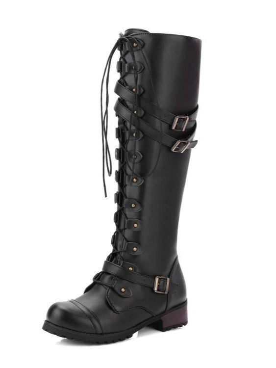 Women's Lace-Up Biker Boots, Buckle and Rivet Detail