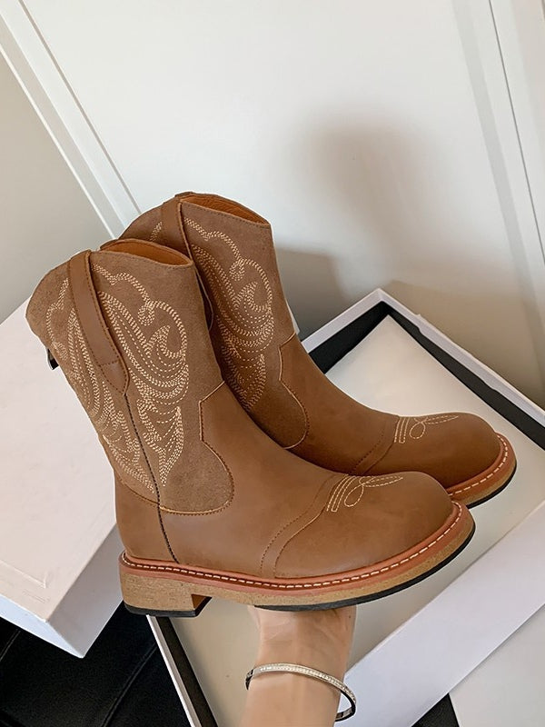 Women's Embroidered Western Boots, Round Toe Block Heel