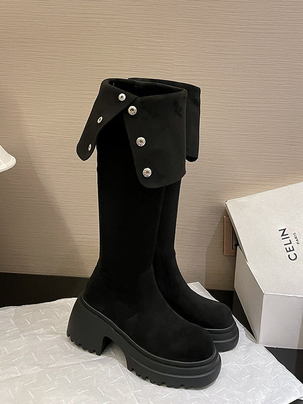Women's Tall Suede Boots, Round Toe Block Heel