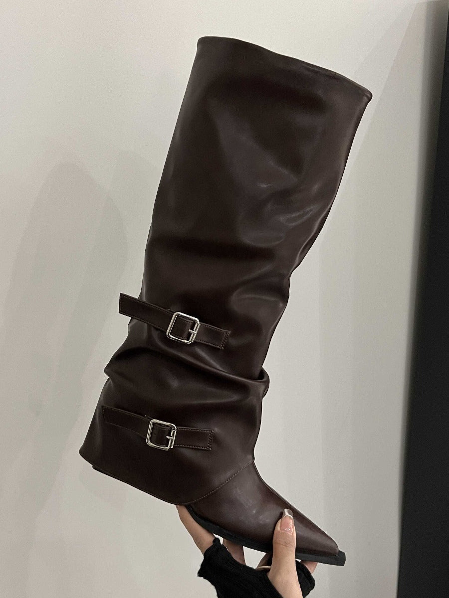 Women's Tall Buckle Boots, Pointed Toe Chunky Heel