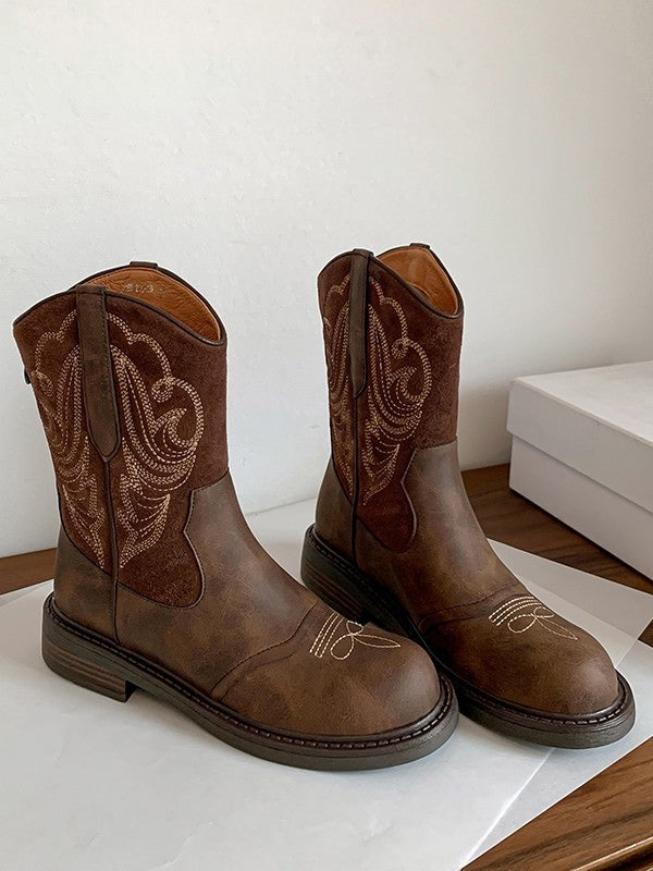 Women's Embroidered Western Boots, Round Toe Block Heel