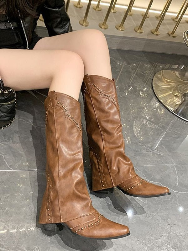 Women's Tall Biker Boots, Rivet Detail Block Heel