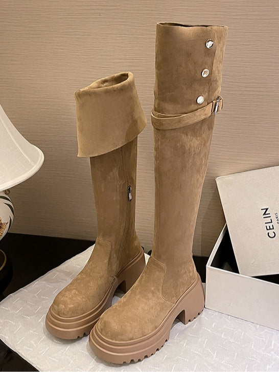 Women's Tall Suede Boots, Round Toe Block Heel