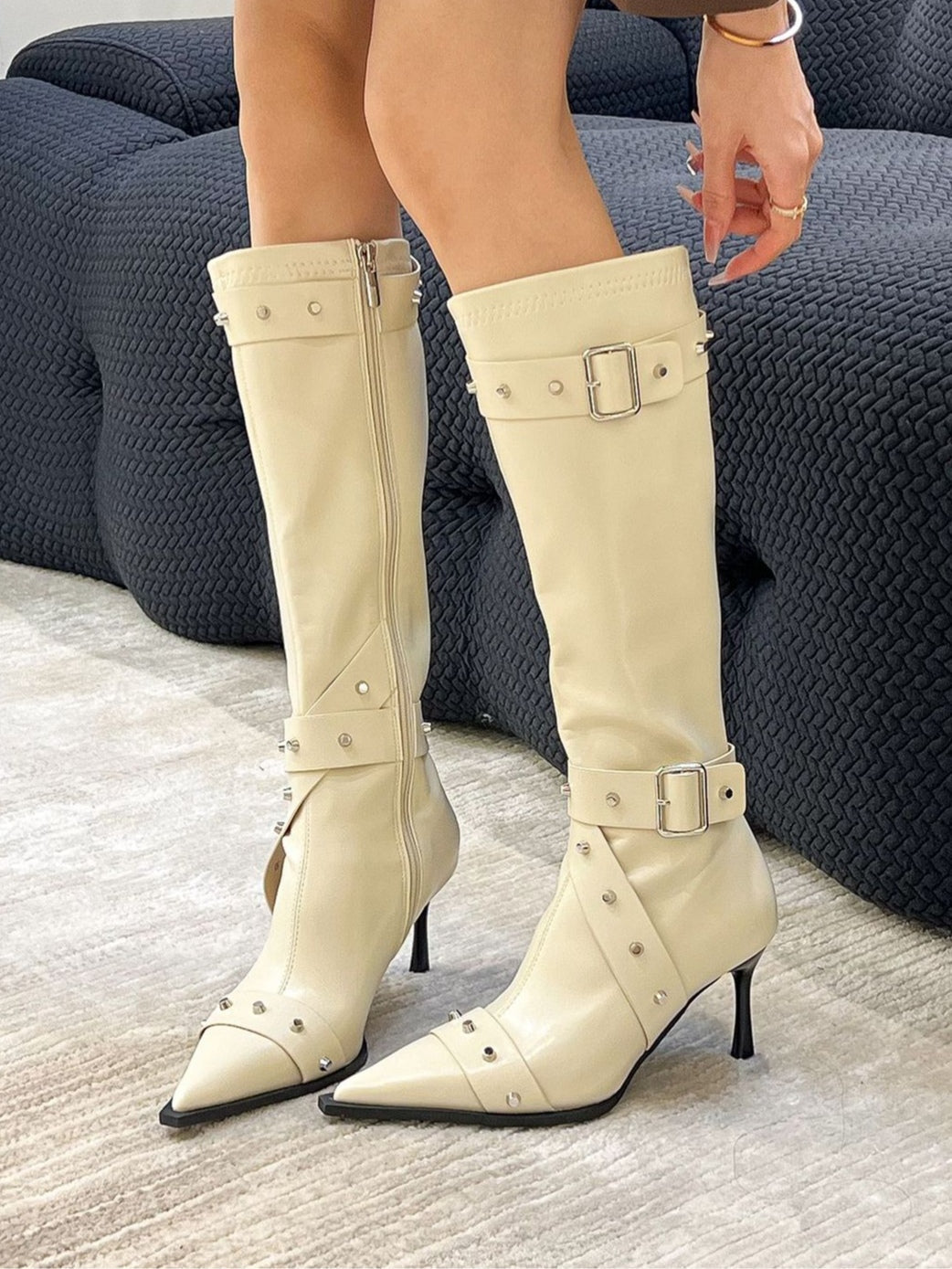 Women's Studded Riding Boots, Pointed Toe Stiletto
