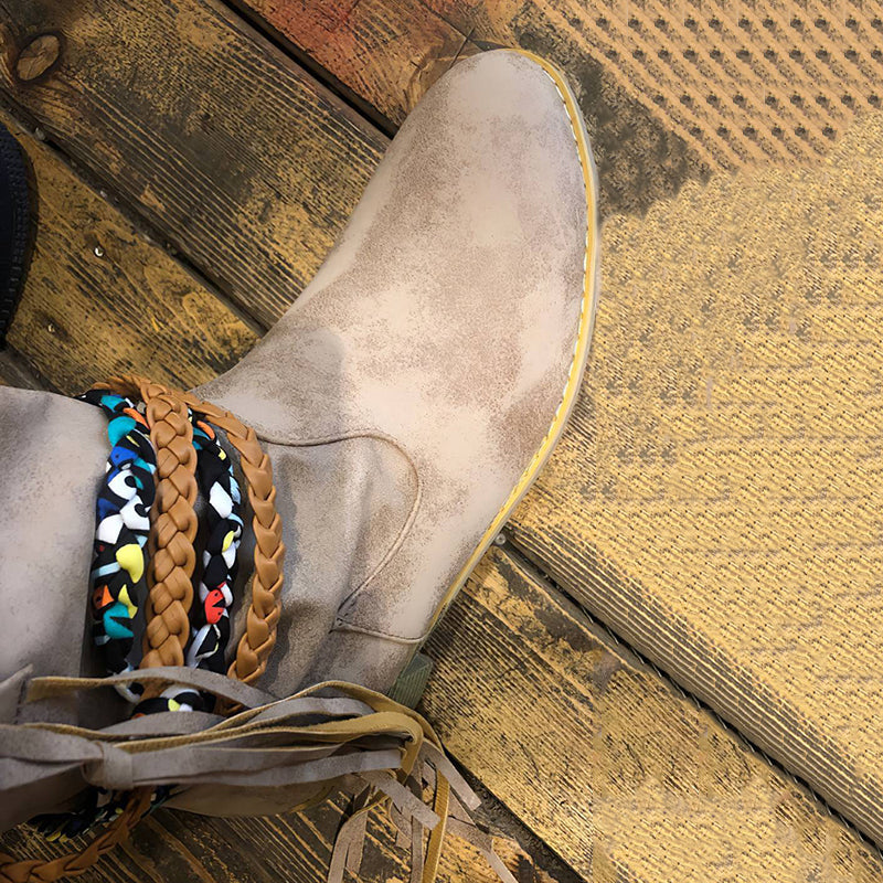 Women's Western Ankle Boots, Braided Tassel Stacked Heel