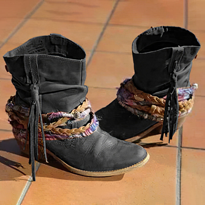 Women's Western Ankle Boots, Braided Tassel Stacked Heel