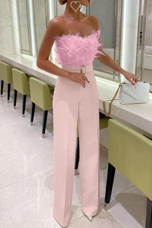 Women's Feather Trim Off-Shoulder Jumpsuit, Slim Fit