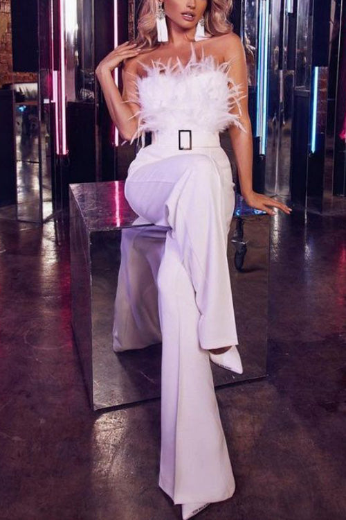 Women's Feather Trim Off-Shoulder Jumpsuit, Slim Fit