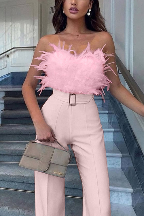 Women's Feather Trim Off-Shoulder Jumpsuit, Slim Fit