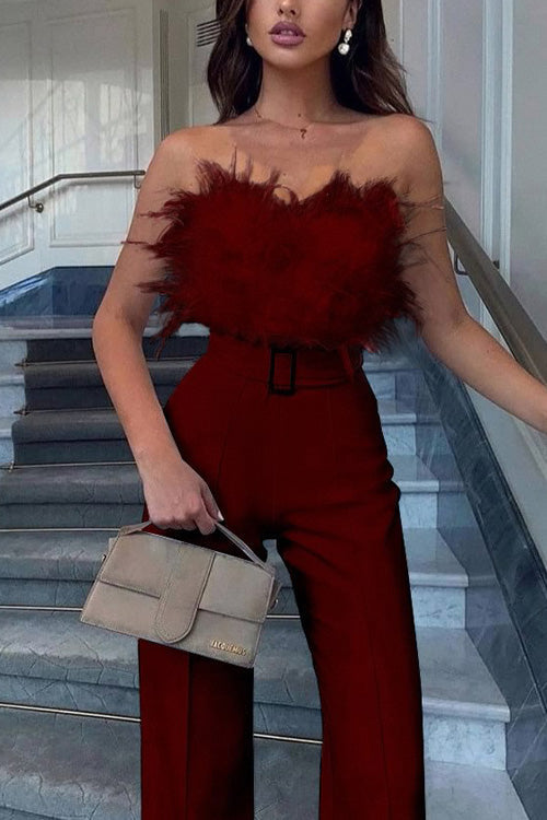 Women's Feather Trim Off-Shoulder Jumpsuit, Slim Fit