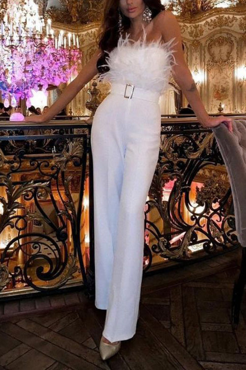 Women's Feather Trim Off-Shoulder Jumpsuit, Slim Fit