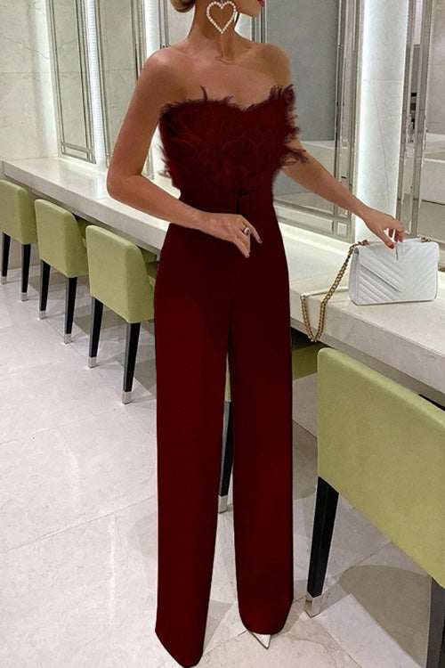 Women's Feather Trim Off-Shoulder Jumpsuit, Slim Fit