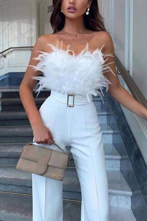 Women's Feather Trim Off-Shoulder Jumpsuit, Slim Fit