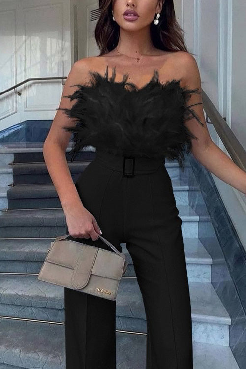 Women's Feather Trim Off-Shoulder Jumpsuit, Slim Fit