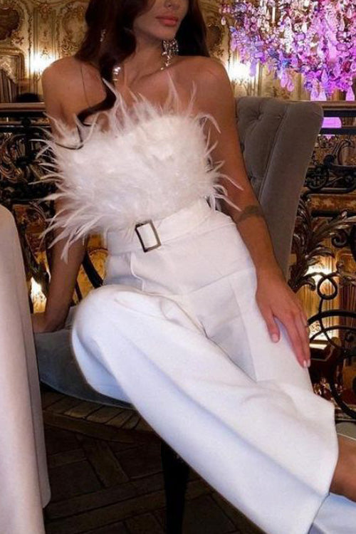 Women's Feather Trim Off-Shoulder Jumpsuit, Slim Fit