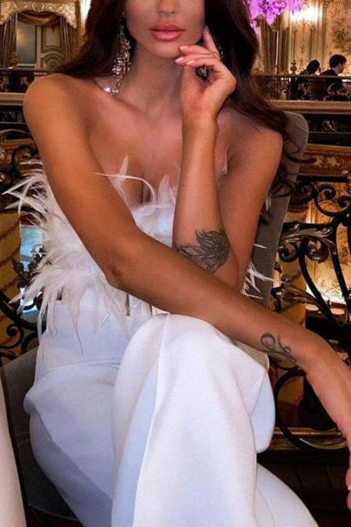 Women's Feather Trim Off-Shoulder Jumpsuit, Slim Fit