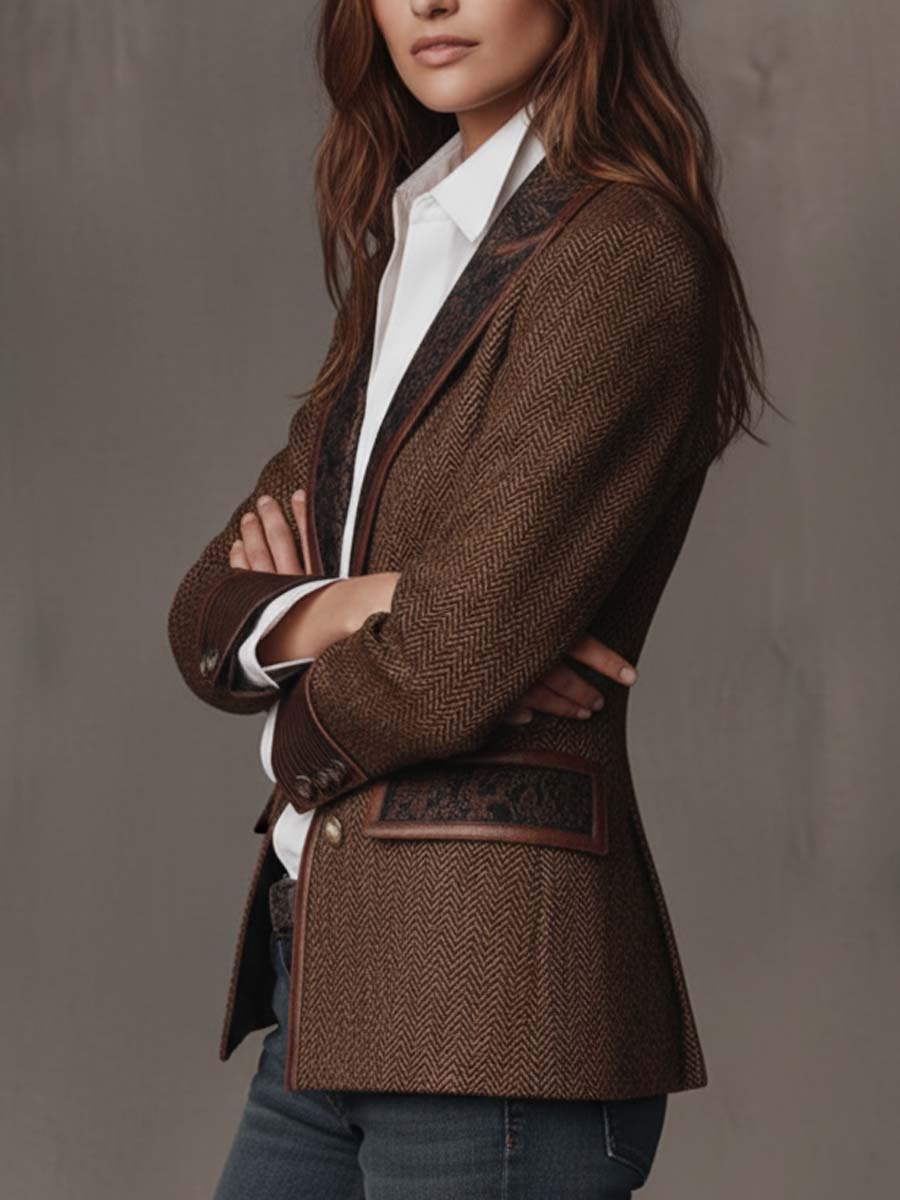 Savile | Herringbone Leather-Trim Tweed Blazer