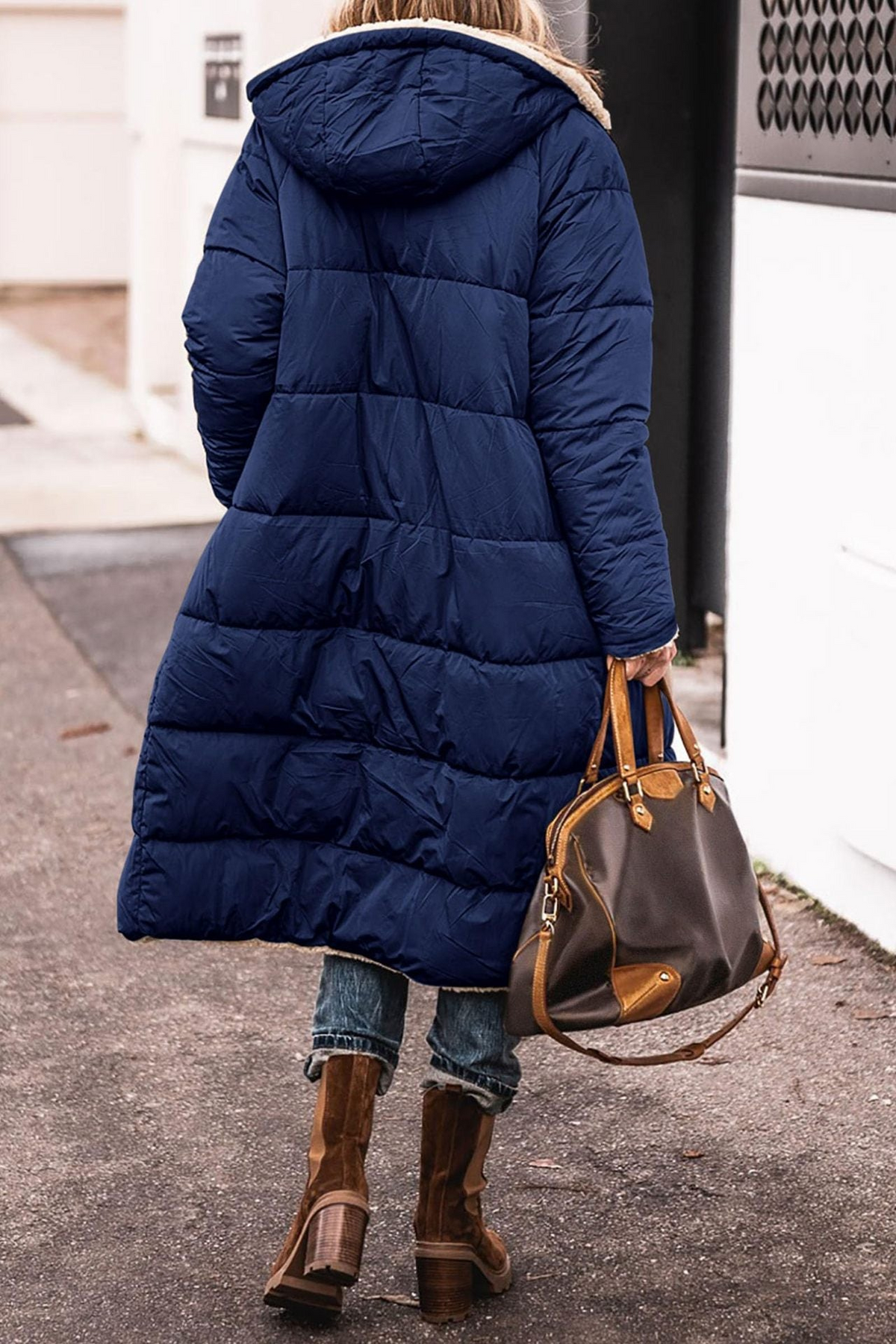 Women's Long Puffer Jacket, Reversible Sherpa Midi Longline Coat