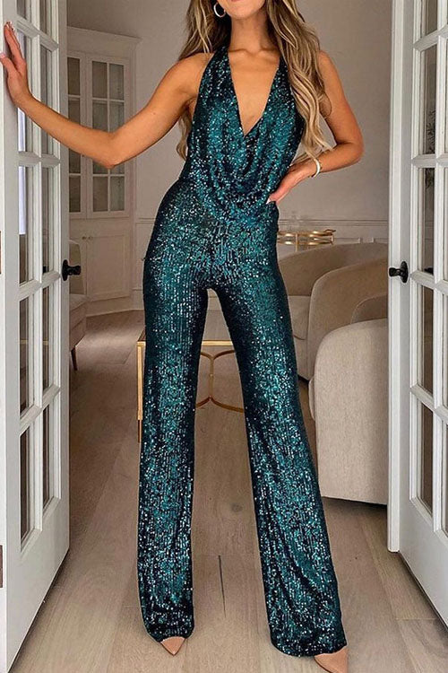 Women's Sequin Halter Jumpsuit, Party Wide Leg